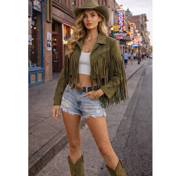 Western Faux Suede Fringe Jacket Cropped Brown Boho Festival Veveret M - Picture 1 of 8
